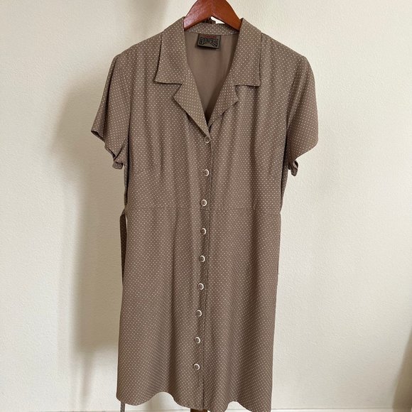 Vintage Blue Women's Size L Dusty Rose Polka Dot Collared Tie Waist Midi Dress - Picture 3 of 11